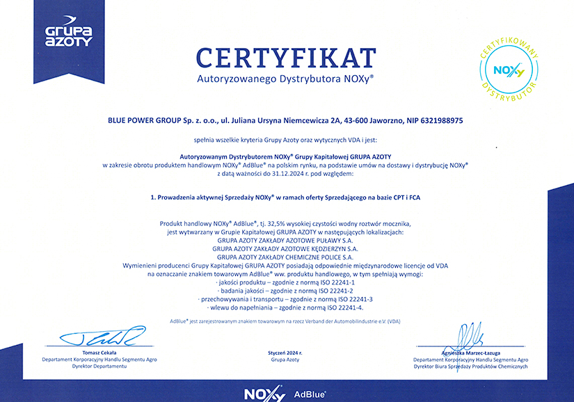 certyfikat NOXy